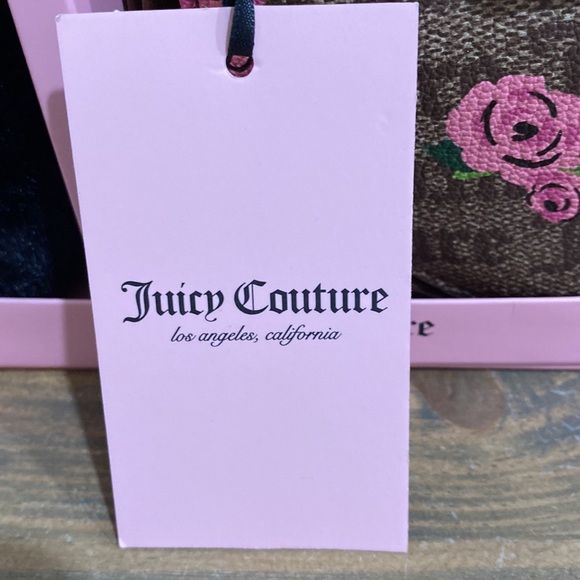 Juicy Couture Brown Pink Floral Heart Wristlet with Black Pom Pom Keychain - Picture 4 of 9